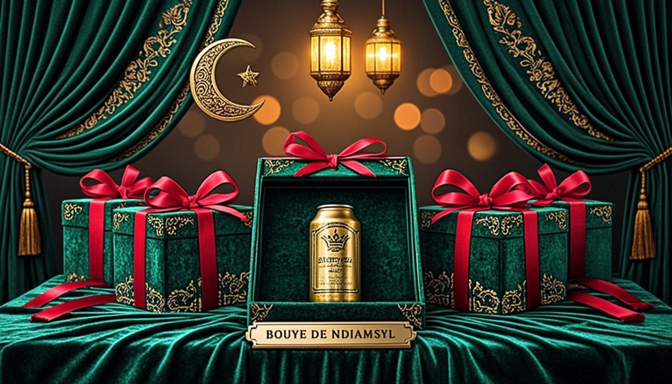Célébration Mawlid Naby et Gamou — coffrets cadeaux Bouye de Ndiamsyl sur table impériale devant les rideaux verts et or